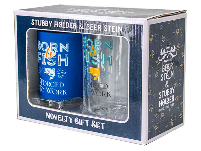 BORN TO FISH FORCED TO WORK STEIN STUBBY HOLDER 18CM 490ML