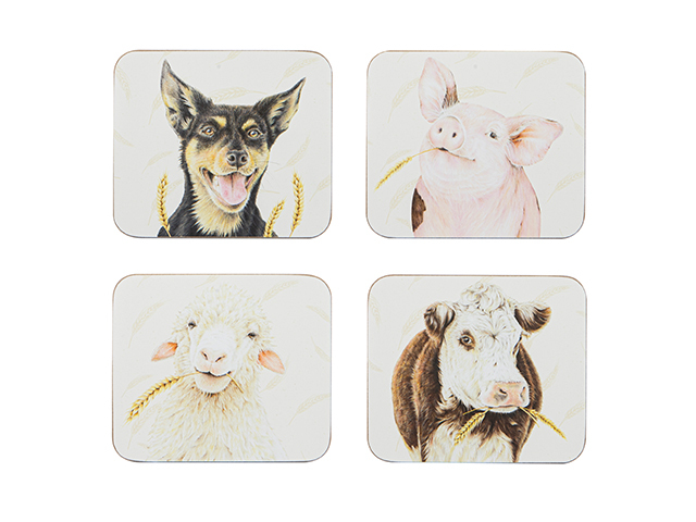 FARMYARD FACES ASS 4PK COASTER