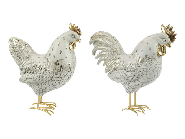 26CM HEN/ROOSTER W/GOLD AND WHITE FINISH 2ASST