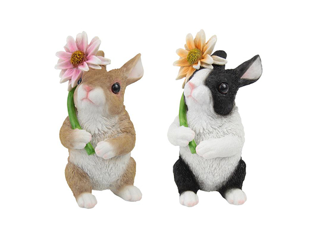 18CM STANDING RABBIT W/DAISY FLOWER 2ASST